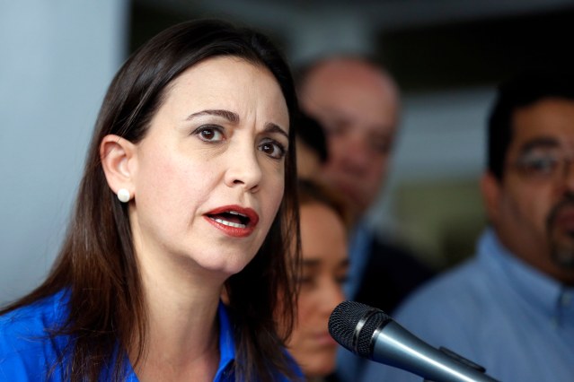 Venezuelan opposition leader Maria Corina Machado speaks during a news conference in Caracas