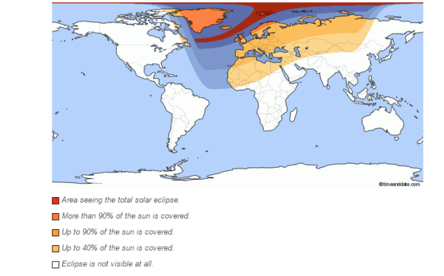 Foto: mapa sobre la evolución del eclipse, desde dónde se podrá ver y con qué intensidad / gizmodo.com