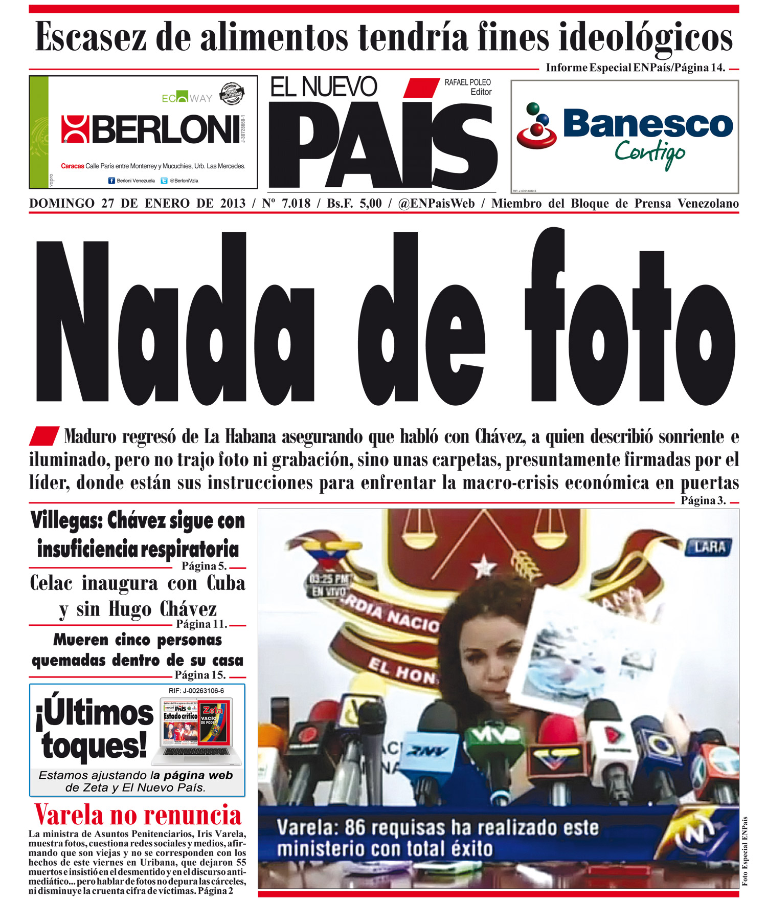 Portadas del domingo 27 de enero de 2013