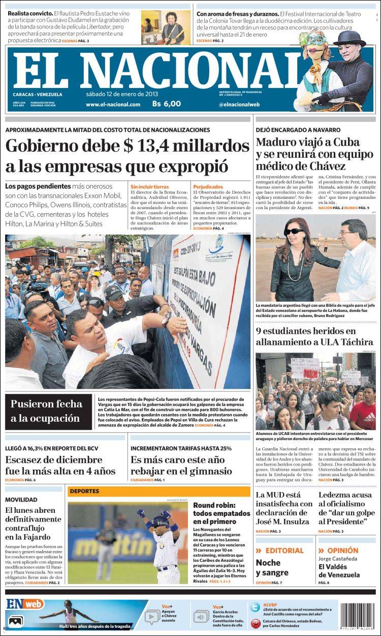 Portadas del sábado 12 de enero de 2013