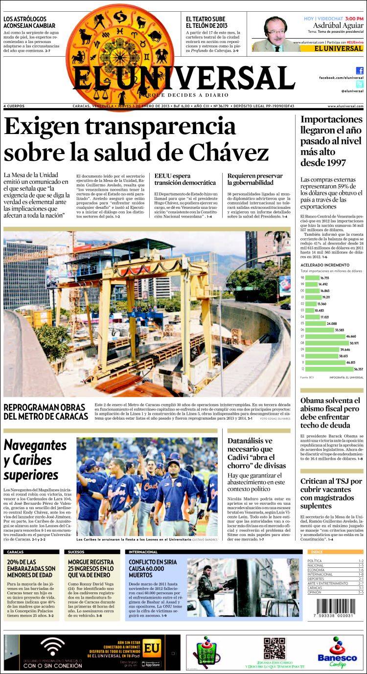 Portadas del jueves 03 de enero de 2013