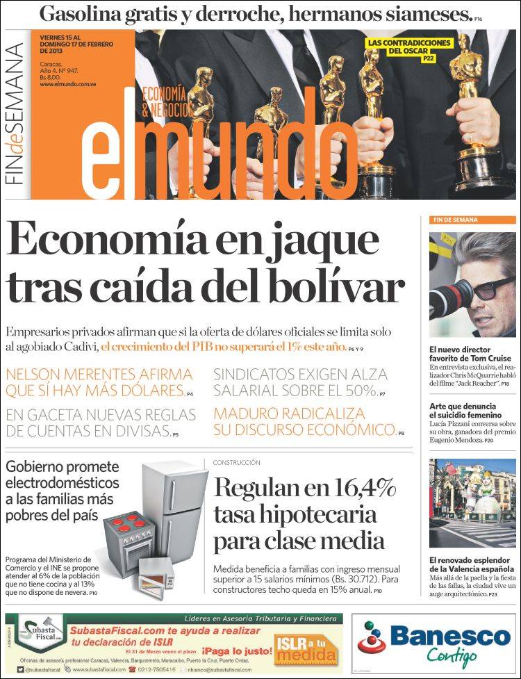 Portadas del viernes 15 de febrero de 2013