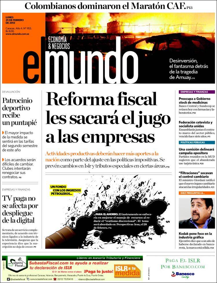 Portadas del lunes 25 de febrero de 2013