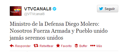 Afirma VTV que Molero dijo que “Fuerza Armada y pueblo unido jamás seremos unidos” (confucio)