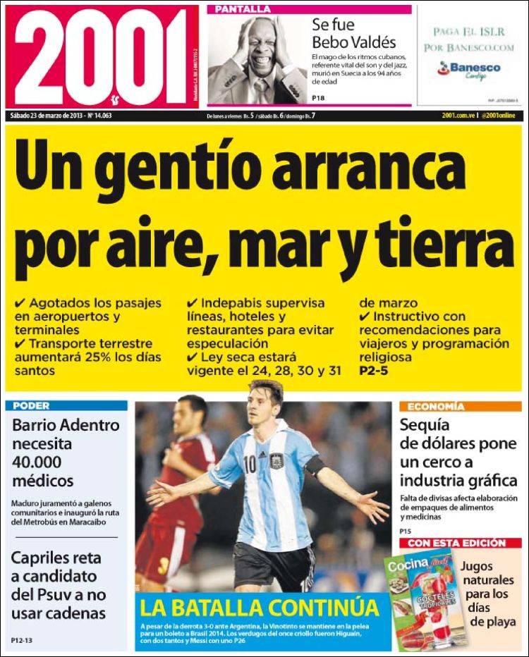 Portadas del sábado 23 de marzo de 2013