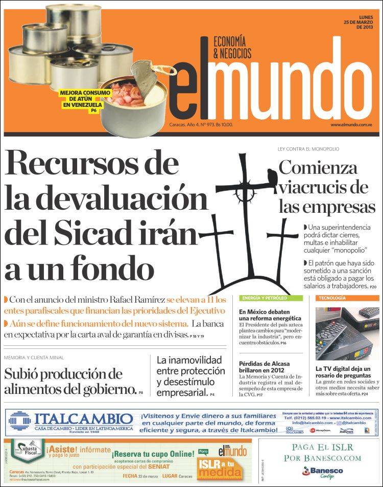 Portadas del lunes 25 de marzo de 2013