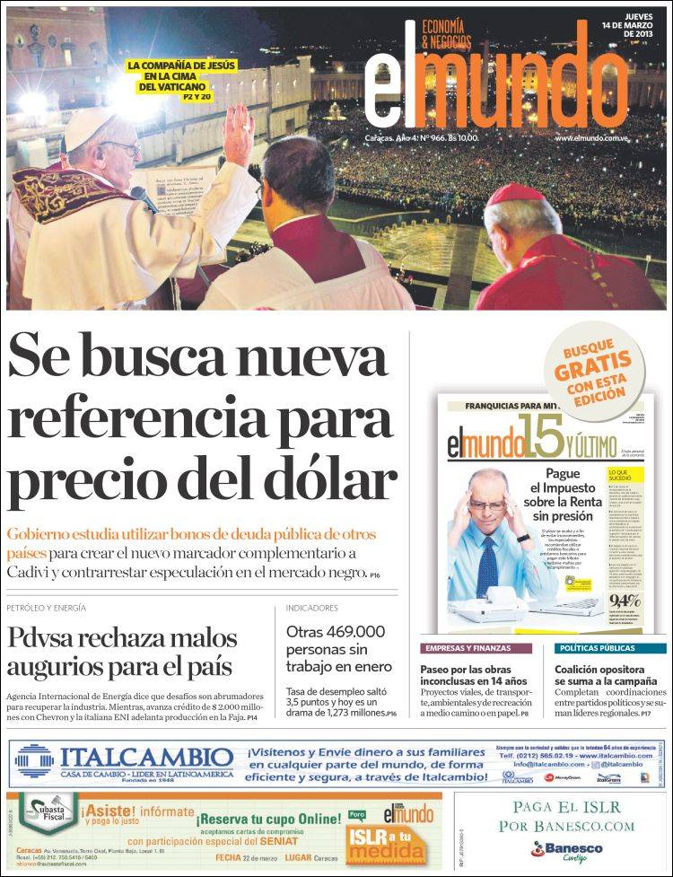 Portadas del jueves 14 de marzo de 2013