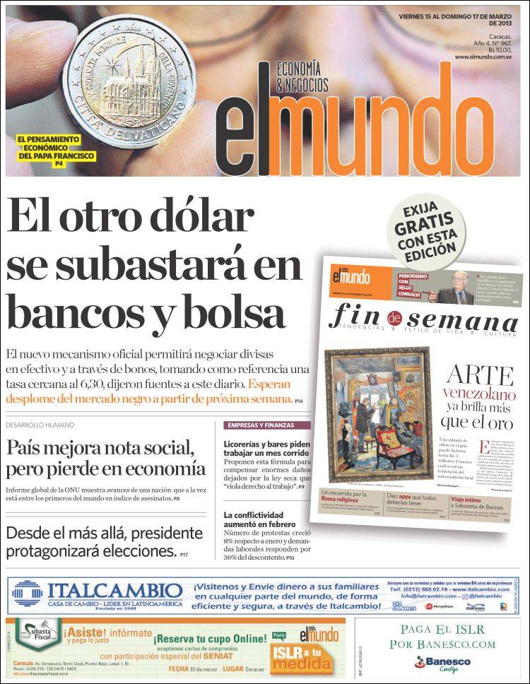 Portadas del viernes 15 de marzo de 2013