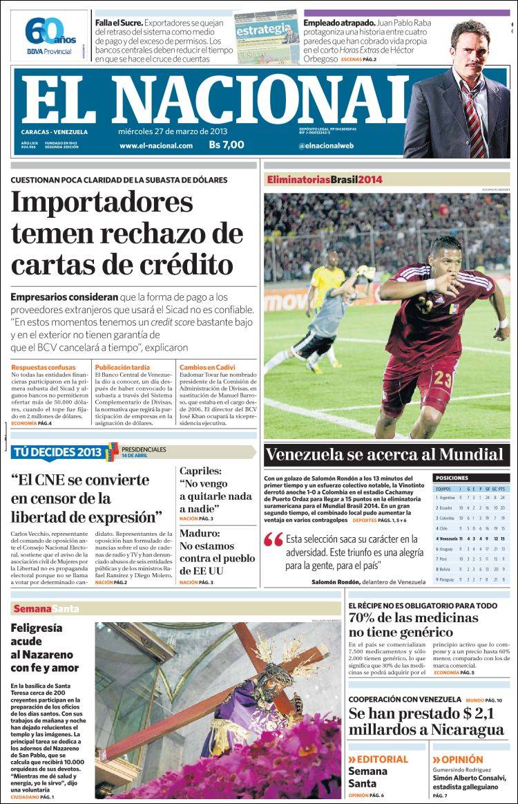 Portadas del miércoles 27 de marzo de 2013