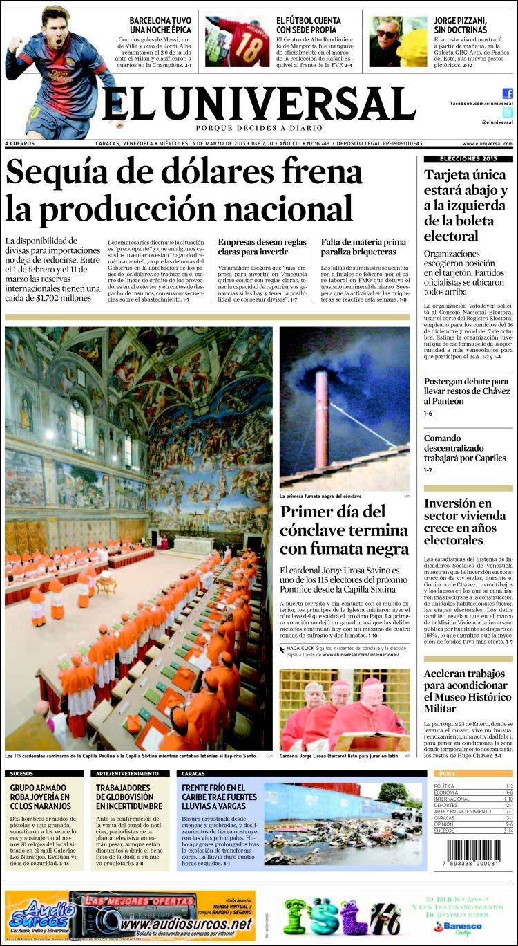 Portadas del miércoles 13 de marzo de 2013