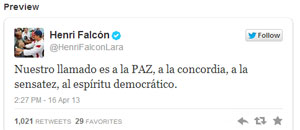 Gobernador Henri Falcón reitera llamado a la Paz