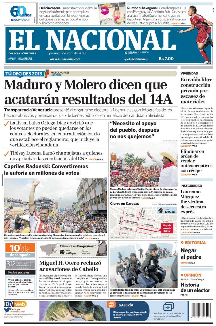 Portadas del jueves 11 de abril de 2013