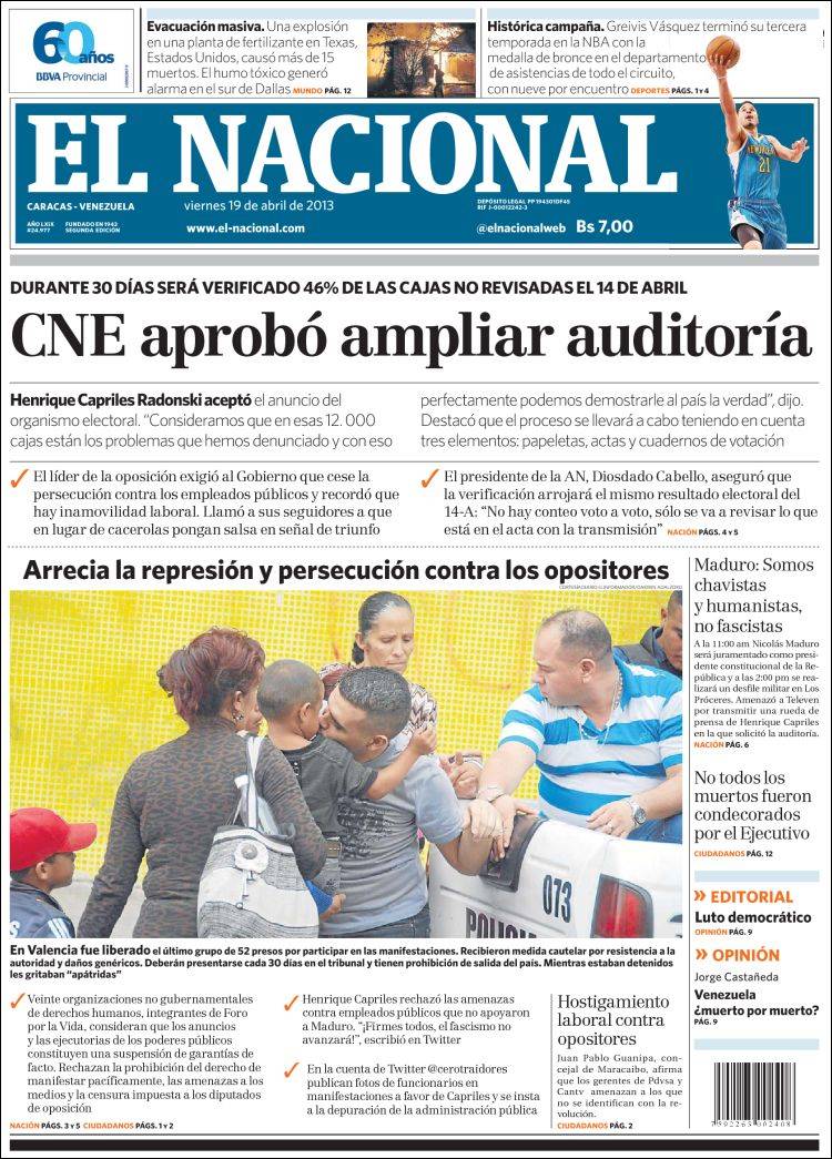 Portadas del viernes 19 de abril de 2013