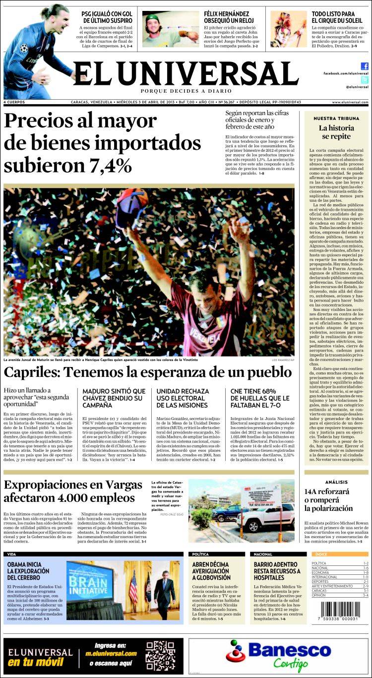 Portadas del miércoles 03 de abril de 2013