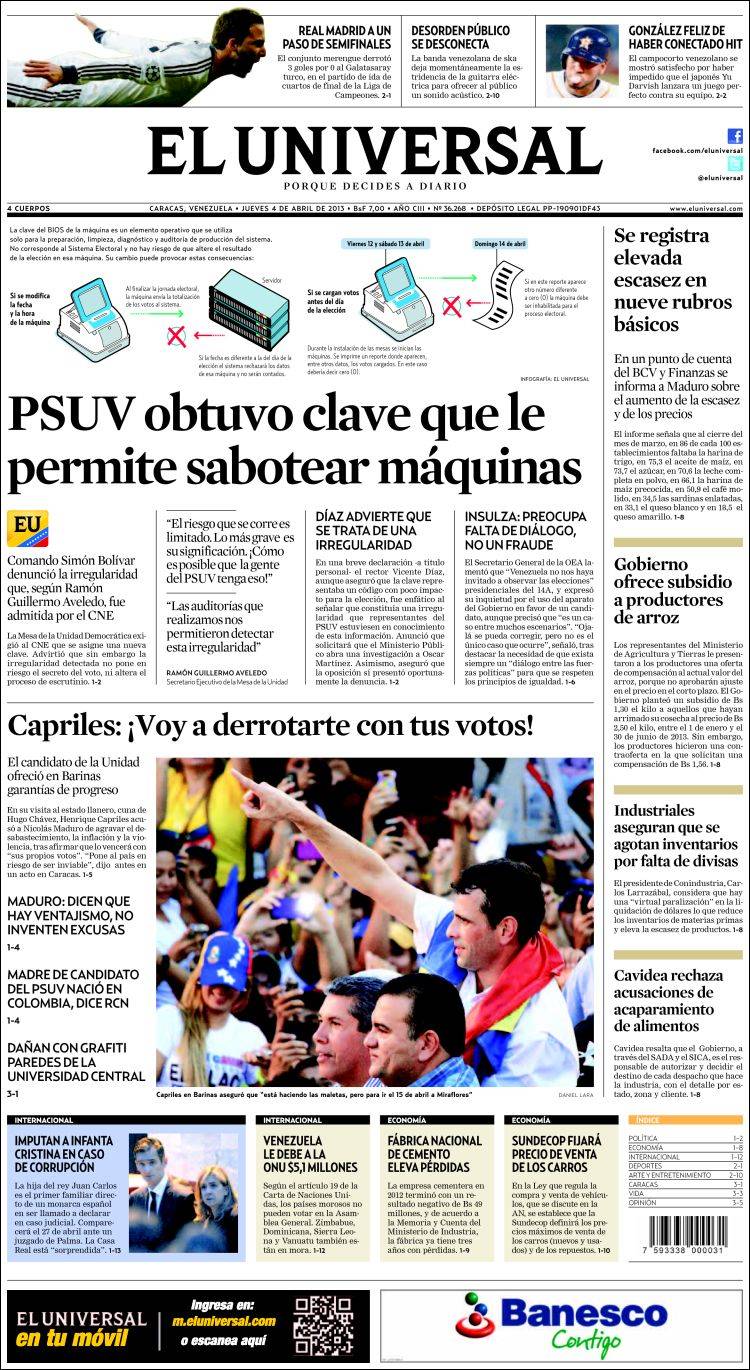 Portadas del jueves 04 de abril de 2013