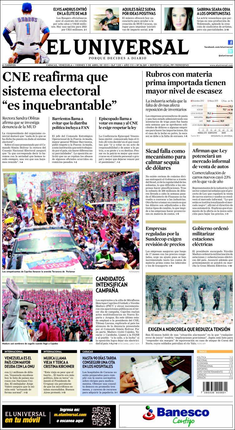 Portadas del viernes 05 de abril de 2013