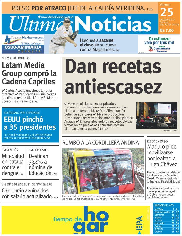 Portadas del viernes 25 de octubre de 2013