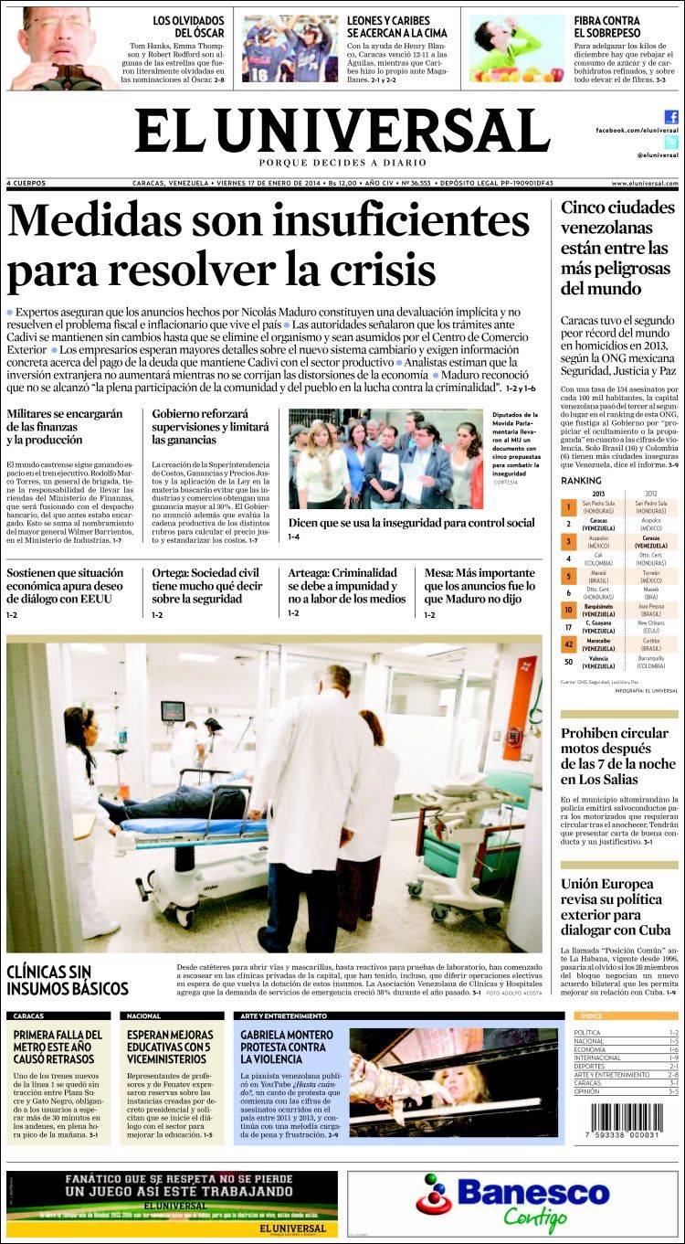 Portadas del viernes 17 de enero de 2014