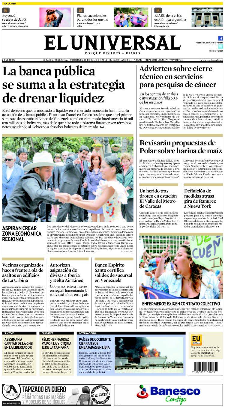 Portadas del miércoles 30 de julio de 2014