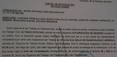 Ultimas Noticias solicita al Ministerio del Trabajo despedir a uno de sus periodistas