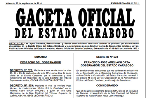 Tres días de duelo en Carabobo por fallecimiento de magistrado