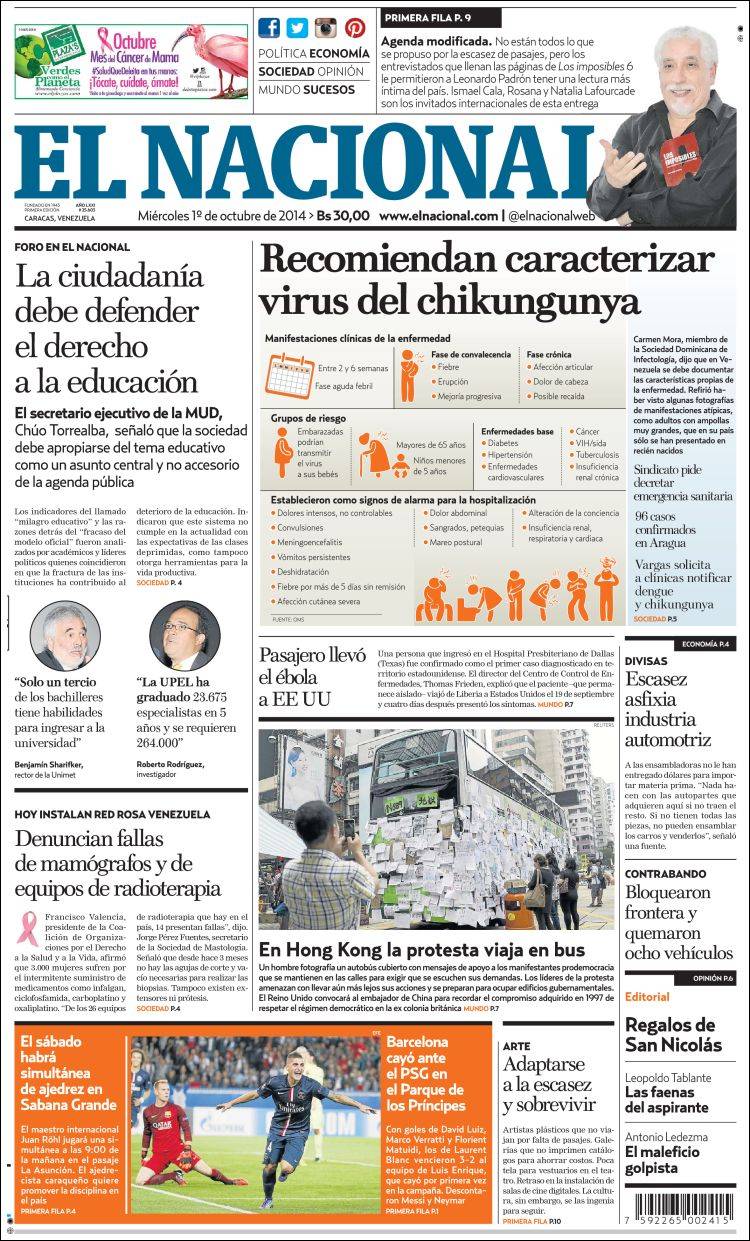 Portadas del miércoles 01 de octubre de 2014