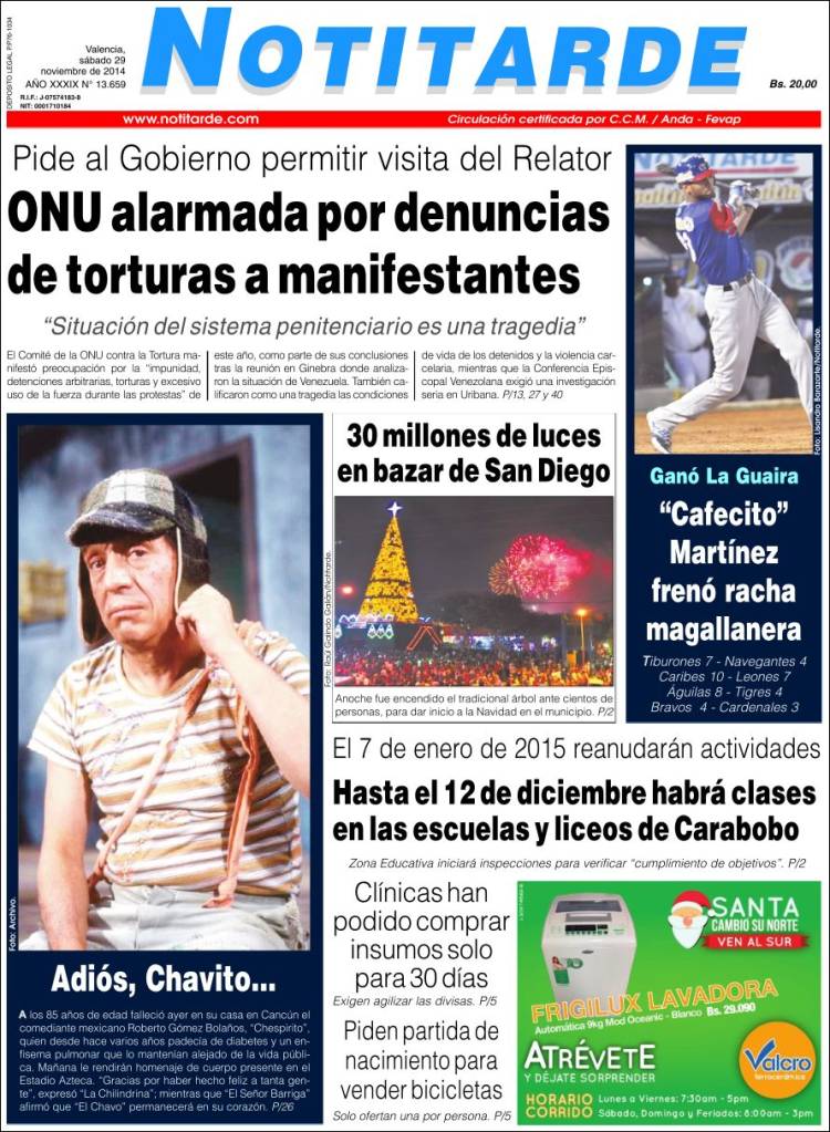 Portadas del sábado 29 de noviembre de 2014