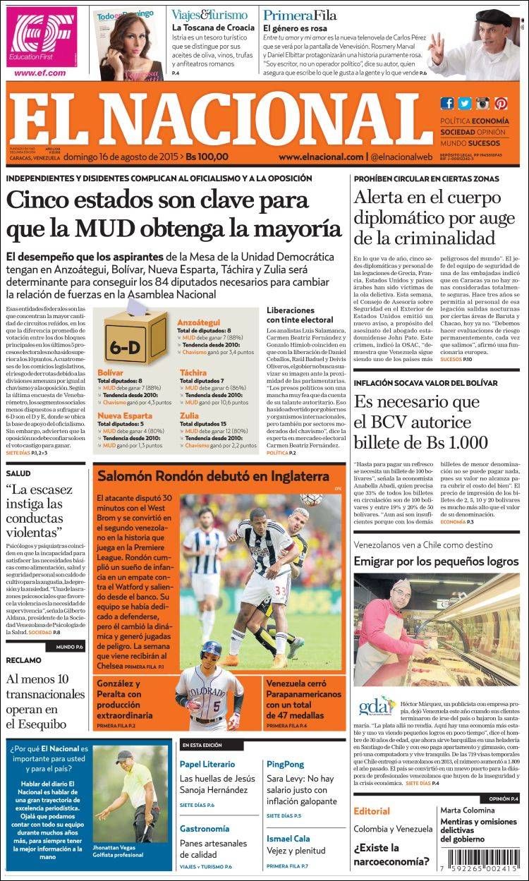 Portadas del domingo 16 de agosto de 2015