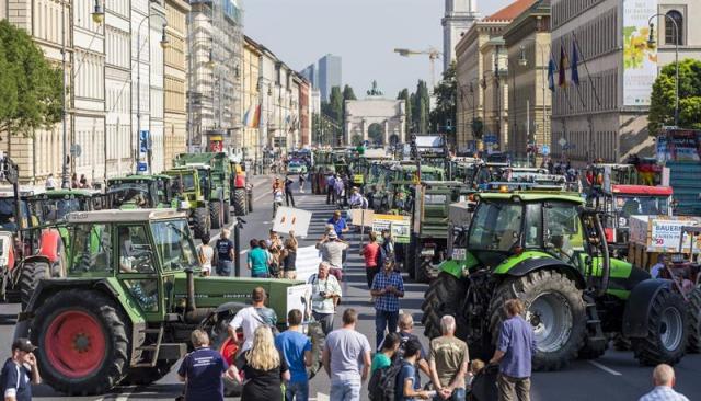 Ganaderos protestan contra la bajada del precio de la leche en la plaza Odeon en Múnich (Alemania) hoy, 1 de septiembre de 2015. EFE/Marc Mueller