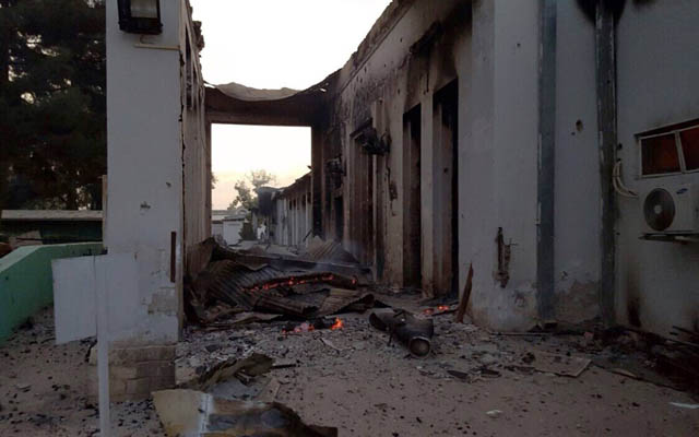 In this photograph released by Medecins Sans Frontieres (MSF) on October 3, 2015, fires burn in part of the MSF hospital in the Afghan city of Kunduz after it was hit by an air strike. An air strike on a hospital in the Afghan city of Kunduz on October 3 left three Doctors Without Borders staff dead and dozens more unaccounted for, the medical charity said, with NATO conceding US forces may have been behind the bombing. The MSF facility is seen as a key medical lifeline in the region and has been running "beyond capacity" during recent fighting that saw the Taliban seize control of the provincial capital for several days. AFP PHOTO / MSF ----EDITORS NOTE---- RESTRICTED TO EDITORIAL USE - MANDATORY CREDIT "AFP PHOTO/MSF" - NO MARKETING NO ADVERTISING CAMPAIGNS - DISTRIBUTED AS A SERVICE TO CLIENTS -----