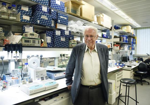 El científco Tomas Lindahl, tras ganar el Premio Nobel de Química, en el Instituto Francis Crick de investigación biomédica en Londres, Reino Unido, hoy 7 de octubre de 2015. El sueco Tomas Lindahl, el estadounidense Paul Modrich y el turcoestadounidense Aziz Sancar fueron distinguidos hoy con el Nobel por proporcionar con su trabajo información fundamental sobre el sistema de reparación a nivel molecular del ADN dañado. EFE/Facundo Arrizabalaga