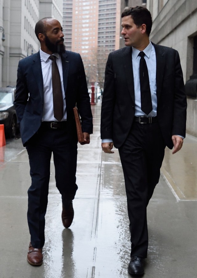 Vincent Southerland (L) and Jonathan Marvinny, lawyers for Francisco Flores de Freitas, leave the US Federal Courthouse in Manhattan December 17, 2015 in New York. Two nephews of Venezuela's first lady appeared in a Manhattan court Thursday and denied charges of conspiring to smuggle cocaine into the United States. Efrain Antonio Campo Flores, 29, and Francisco Flores de Freitas, 30, were arrested in Haiti in November and flown to New York by US Drug Enforcement Administration agents.They are sons of brothers of Venezuelan President Nicolas Maduro's wife Cilia Flores. She also served as speaker of the National Assembly from 2006 to 2011. AFP PHOTO/DON EMMERT / AFP / DON EMMERT