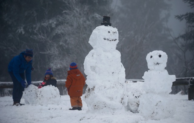 Una familia construye muñecos de nieve durante la primera nevada de este invierno en la cima de la montaña de Feldberg, a 20 km al oeste de Frankfurt, Alemania, 4 de enero de 2016. REUTERS / Kai Pfaffenbach