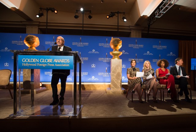 Hollywood Foreign Press Association (HFPA) President, Lorenzo Soria with America Ferrera, Chloë Grace Moretz, Angela Bassett and Dennis Quaid at the 73rd annual Golden Globe Awards nominations on Thursday December 10, 2015 from the Beverly Hilton Hotel in Beverly Hills, CA.