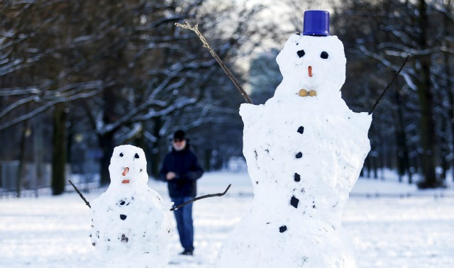 Un hombre pasa dos muñecos de nieve en el parque Tiergarten, en Berlín, Alemania, 18 de enero de 2016. REUTERS / Hannibal Hanschke