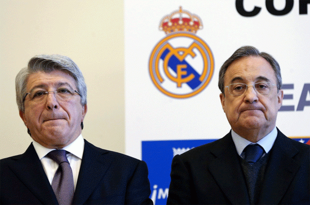 Imagen de archivo de los presidentes del Atlético y Real Madrid, Enrique Cerezo y Florentino Pérez, respectivamente. EFE