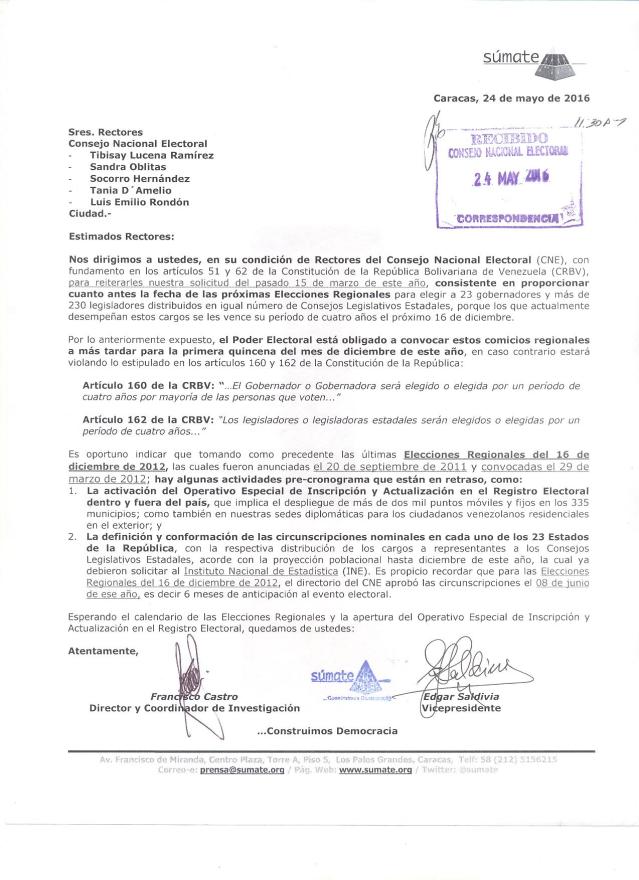 Carta al CNE reiteración fecha Elecciones Regionales 24-05-2016