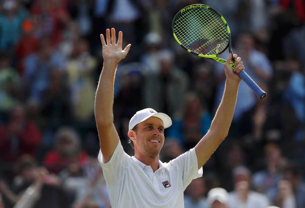 Britain Tennis - Wimbledon - All England Lawn Tennis & Croquet Club, Wimbledon, England - 2/7/16 USA's Sam Querrey celebrates winning his match against Serbia's Novak Djokovic REUTERS/Paul Childs