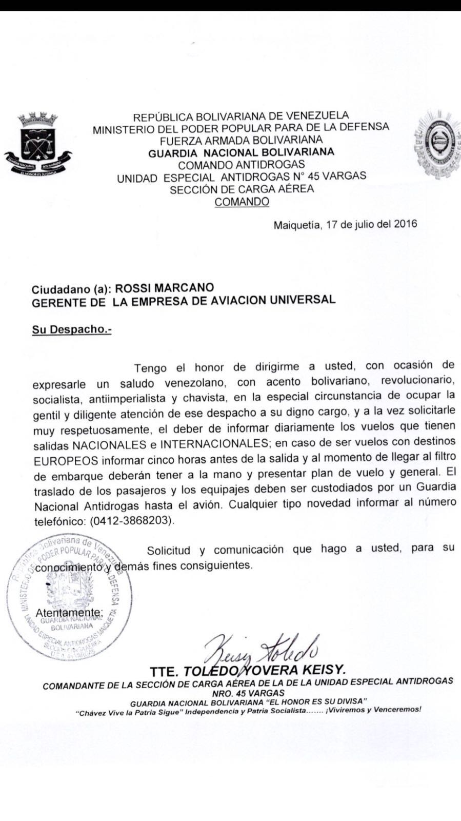 Con esta medida “socialista y antiimperialista” pretende la GN frenar el tráfico de drogas a Europa (documento)