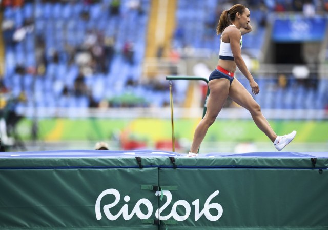 2016 Rio Olympics - Athletics - Women's Heptathlon High Jump - Groups - Olympic Stadium - Rio de Janeiro, Brazil - 12/08/2016. Jessica Ennis-Hill (GBR) of Great Britain reacts. REUTERS/Dylan Martinez FOR EDITORIAL USE ONLY. NOT FOR SALE FOR MARKETING OR ADVERTISING CAMPAIGNS.