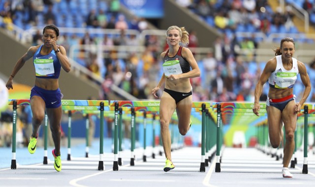 2016 Rio Olympics - Athletics - Women's Heptathlon 100m Hurdles - Olympic Stadium - Rio de Janeiro, Brazil - 12/08/2016. Kendell Williams (USA) of USA, Brianne Theisen-Eaton (CAN) of Canada and Jessica Ennis-Hill (GBR) of Great Britain compete. REUTERS/Lucy Nicholson FOR EDITORIAL USE ONLY. NOT FOR SALE FOR MARKETING OR ADVERTISING CAMPAIGNS.