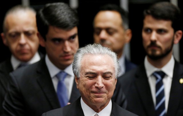 Brazil's new President Michel Temer attends the presidential inauguration ceremony after Brazil's Senate removed President Dilma Rousseff in Brasilia, Brazil, August 31, 2016. REUTERS/Ueslei Marcelino