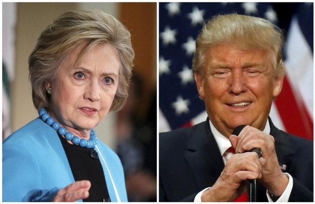 A combination photo shows U.S. Democratic presidential candidate Hillary Clinton (L) and Republican U.S. presidential candidate Donald Trump (R) in Los Angeles, California on May 5, 2016 and in Eugene, Oregon, U.S. on May 6, 2016 respectively.  REUTERS/Lucy Nicholson (L) and Jim Urquhart/File Photos