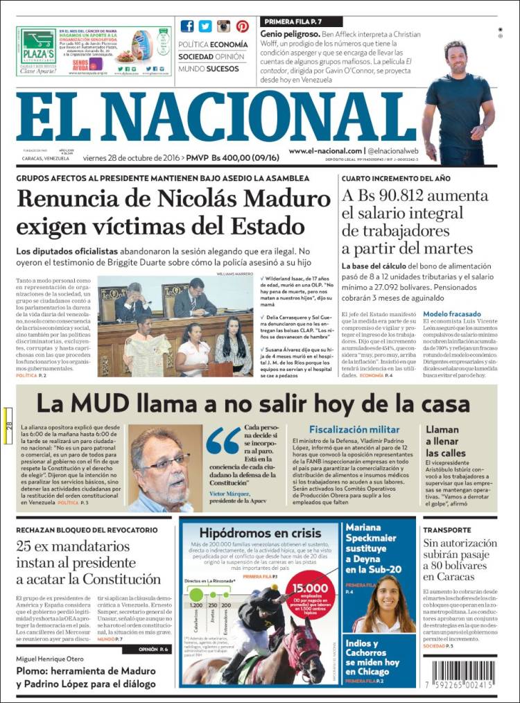 Portadas de este viernes 28 de octubre de 2016