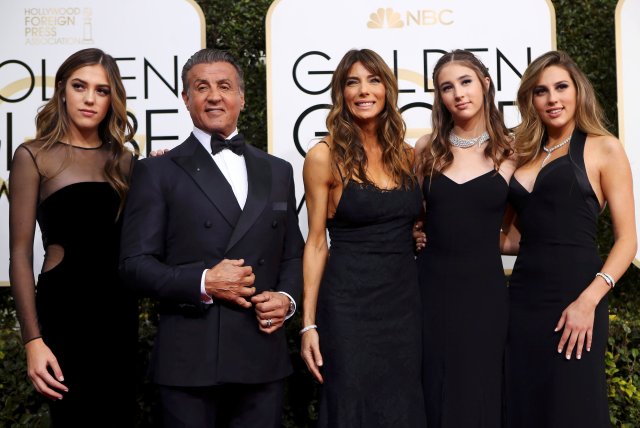 Sylvester Stallone, Jennifer Flavin, Sistine Stallone, Scarlet Stallone and Sophia Stallone arrive at the 74th Annual Golden Globe Awards in Beverly Hills