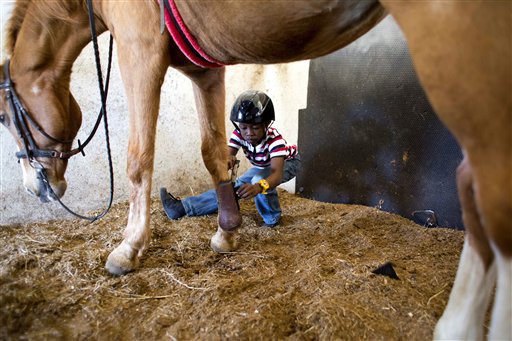 En esta fotografía del 7 de enero de 2017, Judeley Hans Debel, busca retirar un protector al caballo Tic Tac en el Centro Ecuestre Chateau en Petion-Ville, Haití. El niño, que tiene una pierna extendida porque utiliza una prótesis, recibe en el lugar un paseo terapéutico en caballo. Anne-Rose Schoen, que fundó el centro ecuestre, dijo que lo más importante de una cabalgata terapéutica es que los menores se ponen felices en un país donde los discapacitados afrontan enormes desafíos. (AP Foto/Dieu Nalio Chery)