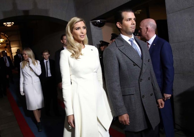 Ivanka Trump and Donald Trump, Jr. arrive on the West Front of the US Capitol on January 20, 2017 in Washington, DC. Donald Trump took the first ceremonial steps before being sworn in as the 45th president of the United States Friday -- ushering in a new political era that has been cheered and feared in equal measure. / AFP PHOTO / POOL / Win McNamee