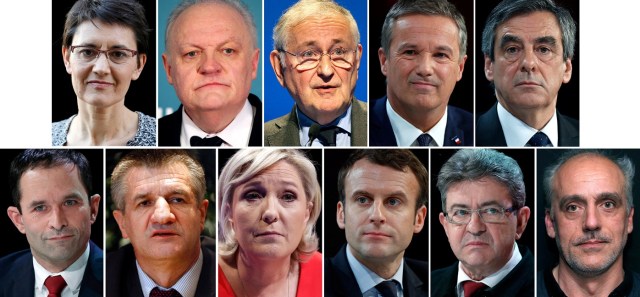 A combination picture shows candidates for the French 2017 presidential election, 1st row L-R : Nathalie Arthaud, France's extreme-left Lutte Ouvriere political party (LO) leader, Francois Asselineau, UPR candidate, Jacques Cheminade, Nicolas Dupont-Aignan, Debout La France group candidate, Francois Fillon, the Republicans political party candidate, 2nd row L-R : Benoit Hamon, French Socialist party candidate, Jean Lassalle, Marine Le Pen, French National Front (FN) political party leader, Emmanuel Macron, head of the political movement En Marche ! (or Onwards !), Jean-Luc Melenchon, candidate of the French far-left Parti de Gauche, Philippe Poutou, Anti-Capitalist Party (NPA) presidential candidate, after the official announcement in Paris, France, March 18, 2017. REUTERS/Staff