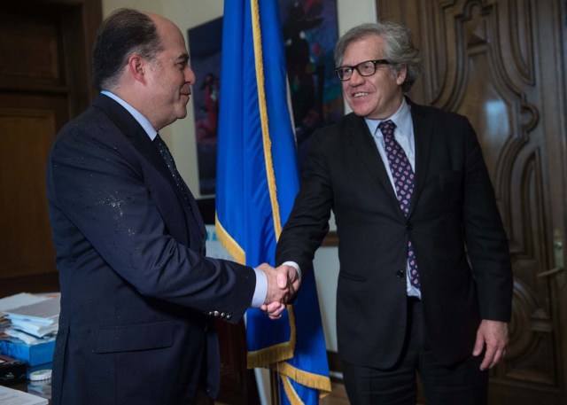 Julio Borges (L), President of Venezuela's National Assembly, shakes hands with OAS Secretary General Luis Almagro in Washington, DC, on April 6, 2017. / AFP PHOTO / NICHOLAS KAMM