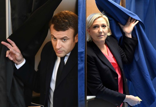 (COMBO) This combination of pictures created on May 7, 2017 shows French presidential election candidate for the En Marche ! movement Emmanuel Macron (L) exiting a polling booth before casting his ballot at a polling station in Le Touquet, northern France, and French presidential election candidate for the far-right Front National (FN - National Front) party Marine Le Pen walking out a polling booth at a polling station in Henin-Beaumont, north-western France, during the second round of the French presidential election. / AFP PHOTO / POOL AND AFP PHOTO / Eric FEFERBERG AND ALAIN JOCARD